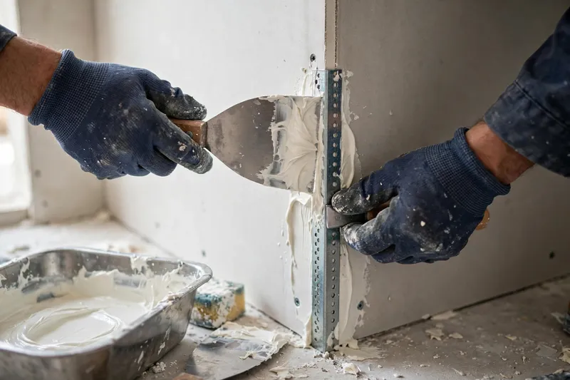 Worker installing a metal corner bead on a wall corner