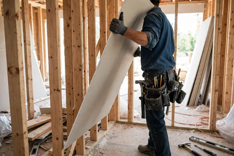 Worker hanging a drywall sheet on wooden studs